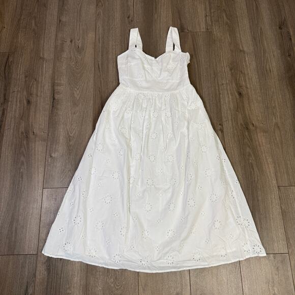 J.Crew Eyelet Midi Dress WMNS 4 White Sleeveless Smocked Embroidered Fully Lined - Picture 4 of 10